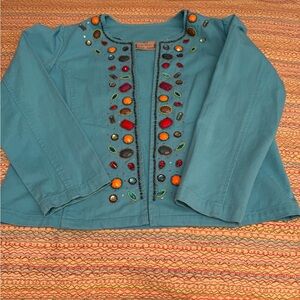 Life Style Jacket Womens Aqua Blue Stone Embellished Coat Sequin Hook Eye Size M